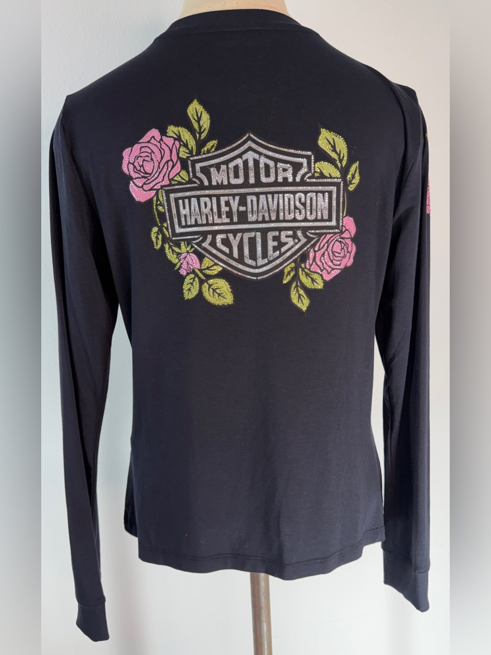 Harley-Davidson Rose & Thorn Bling Longsleeve Tshirt Y2K Rhinestone Biker Grunge